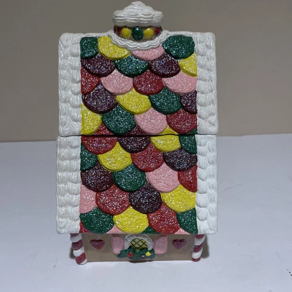 Vintage Handcrafted Gingerbread House Cookie Jar Canister Colorful Glitter 9
